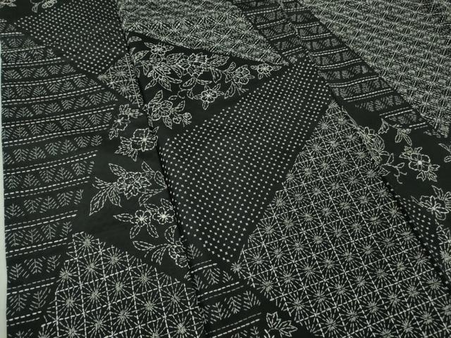 平和屋本店●極上 本場大島紬 刺し子 総刺繍 名物裂切嵌 草花文 黒地 逸品 未使用 DZAB5491kh6