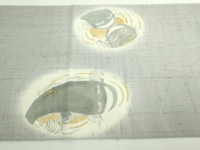 平和屋着物●極上 太鼓柄袋帯 紬地 ナマズ 金彩 白鼠色地 逸品 DZAB5506kh6