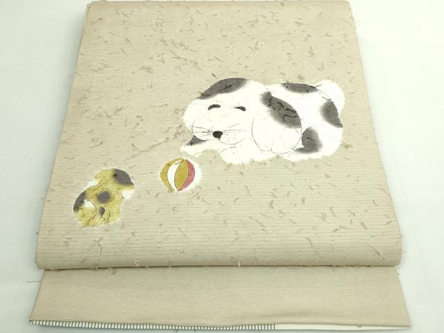平和屋着物●極上 太鼓柄袋帯 髭紬 絞り 犬 逸品 DZAB5512kh6