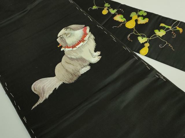 平和屋着物●極上 アンティーク 大正ロマン 九寸名古屋帯 総手刺繍 狆 黒地 逸品 DZAB5522kh6