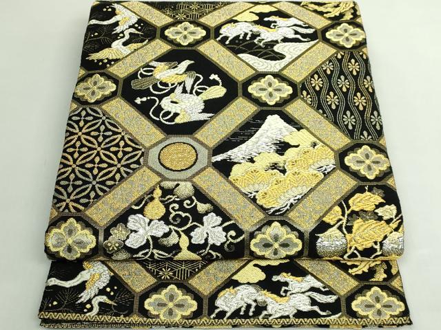 平和屋着物●極上 創業280年 誉田屋源兵衛 両面 太鼓柄袋帯 誉文彫金 格天七吉祥 黒地 金銀糸 逸品 DZAB5559kh6