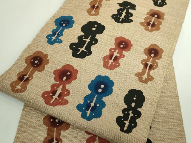 平和屋着物●希少 本場琉球紅型 びんがた工房くんや 宜保聡 八寸名古屋帯 紬地 草花文 逸品 DZAB5571kh6