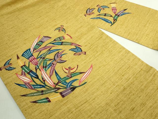 平和屋本店●極上 本場琉球紅型 平野晋二郎 九寸名古屋帯 紬地 草木に小鳥 たとう紙付き 逸品 DZAB5573kh6