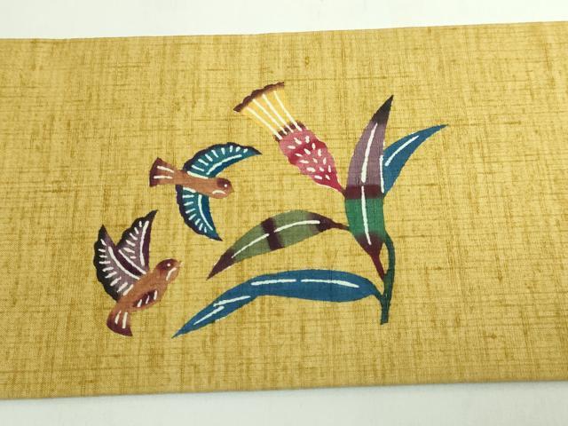 平和屋本店●極上 本場琉球紅型 平野晋二郎 九寸名古屋帯 紬地 草木に小鳥 たとう紙付き 逸品 DZAB5573kh6
