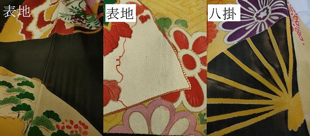 平和屋本店●極上 アンティーク 大正ロマン 振袖 駒刺繍 扇面花鳥文 黒地 金彩 逸品 DZAB5601kh6