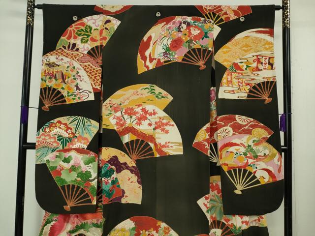 平和屋本店●極上 アンティーク 大正ロマン 振袖 駒刺繍 扇面花鳥文 黒地 金彩 逸品 DZAB5601kh6