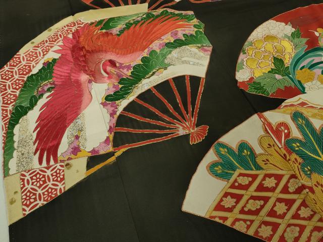 平和屋本店●極上 アンティーク 大正ロマン 振袖 駒刺繍 扇面花鳥文 黒地 金彩 逸品 DZAB5601kh6