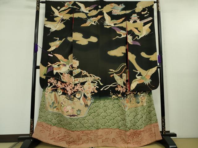 平和屋本店●極上 アンティーク 大正ロマン 振袖 駒刺繍 鶴亀 宝船 黒地 逸品 DZAB5602kh6