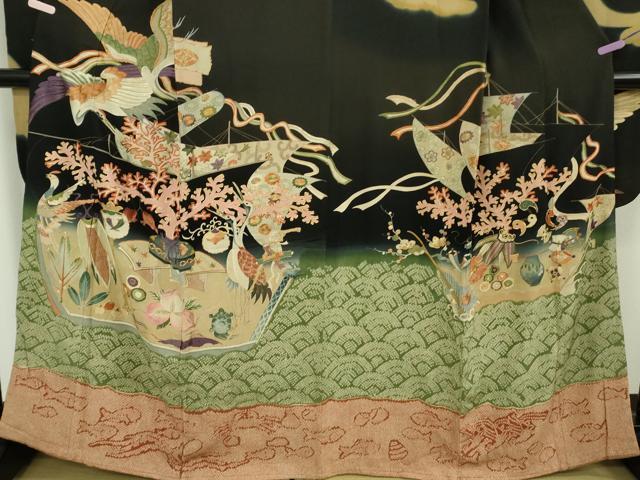 平和屋本店●極上 アンティーク 大正ロマン 振袖 駒刺繍 鶴亀 宝船 黒地 逸品 DZAB5602kh6