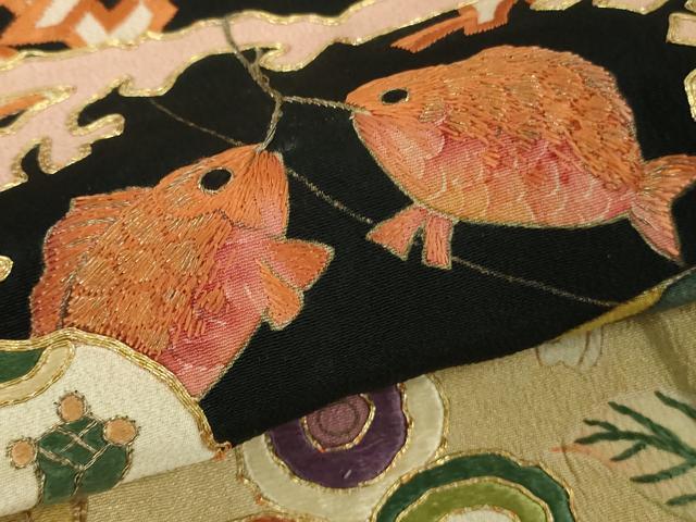 平和屋本店●極上 アンティーク 大正ロマン 振袖 駒刺繍 鶴亀 宝船 黒地 逸品 DZAB5602kh6