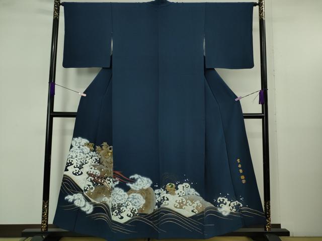 平和屋本店●極上 螺鈿作家 藤本隆士 雲母塾 色留訪問着 龍 立波 留紺色地 金彩 逸品 DZAB5611kh6