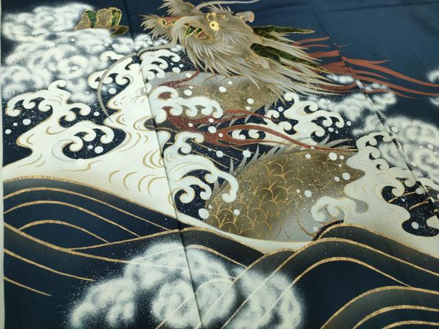 平和屋本店●極上 螺鈿作家 藤本隆士 雲母塾 色留訪問着 龍 立波 留紺色地 金彩 逸品 DZAB5611kh6