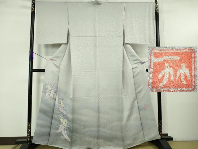 平和屋本店●最高級 二代目 久保田一竹 幻の辻が花 色留訪問着 舞葉 月白色地 暈し染め 銀通し地 逸品 DZAB5616kh6