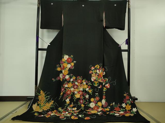 平和屋本店●極上 アンティーク 大正ロマン お引きずり・お引き摺り 黒留袖 舞妓 芸妓 芸者 駒刺繍 花舟 逸品 DZAB5625kh6