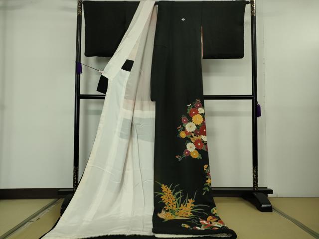 平和屋本店●極上 アンティーク 大正ロマン お引きずり・お引き摺り 黒留袖 舞妓 芸妓 芸者 駒刺繍 花舟 逸品 DZAB5625kh6