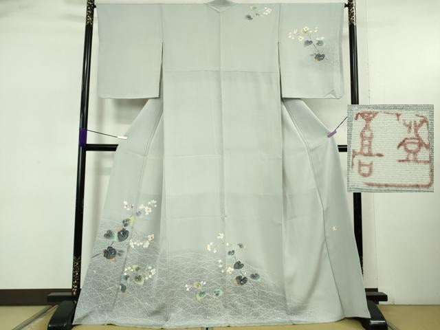平和屋着物●極上 人間国宝・羽田登喜男 訪問着 枝花文 濃い月白色地 たたき染め 逸品 DZAB5629kh6