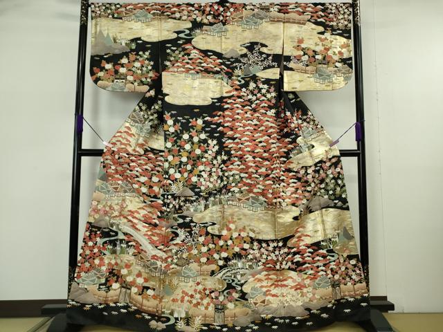 平和屋本店●最高級 中国三大刺繍 スワトウ刺繍 汕頭刺繍 相良刺繍 訪問着 渡橋風景花文 黒地 金通し地 本金箔 逸品 DZAB5647kh6