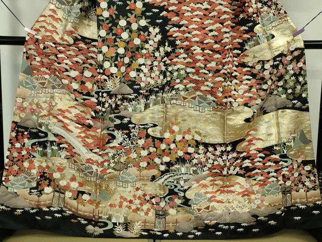 平和屋本店●最高級 中国三大刺繍 スワトウ刺繍 汕頭刺繍 相良刺繍 訪問着 渡橋風景花文 黒地 金通し地 本金箔 逸品 DZAB5647kh6
