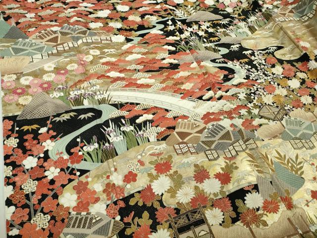 平和屋本店●最高級 中国三大刺繍 スワトウ刺繍 汕頭刺繍 相良刺繍 訪問着 渡橋風景花文 黒地 金通し地 本金箔 逸品 DZAB5647kh6