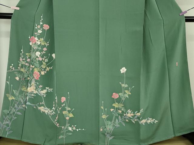 平和屋着物●極上 十日町友禅作家 岡村蒼風 訪問着 枝花文 木賊色地 逸品 未使用 DZAB5670kh6
