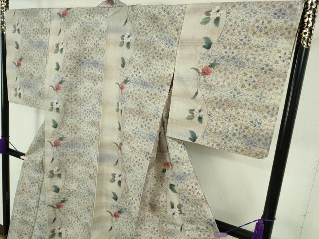 平和屋着物▽極上 小千谷紬 単衣 草花間道 ロング丈 逸品 未使用 DZAB5681kh6