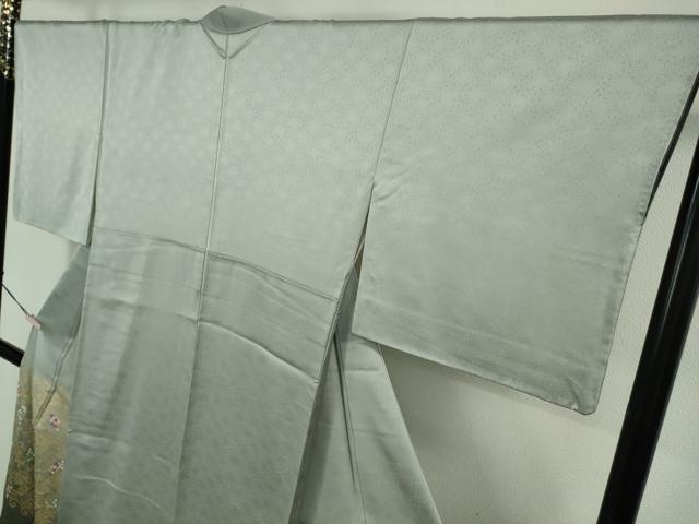 平和屋本店●極上 人間国宝 福田喜三郎 色留訪問着 刺繍 葡萄唐草文 灰青色地 暈し染め 金彩 逸品 DZAB5696kh6