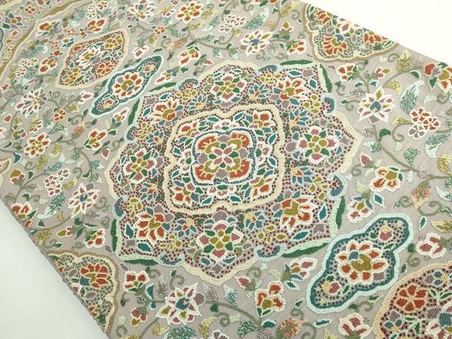平和屋本店●極上 中国三大刺繍 相良刺繍 総刺繍 全通柄袋帯 正倉院花唐草 金糸 絹鼠色地 逸品 DZAB5709kh6