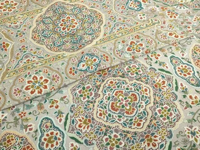 平和屋本店●極上 中国三大刺繍 相良刺繍 総刺繍 全通柄袋帯 正倉院花唐草 金糸 絹鼠色地 逸品 DZAB5709kh6