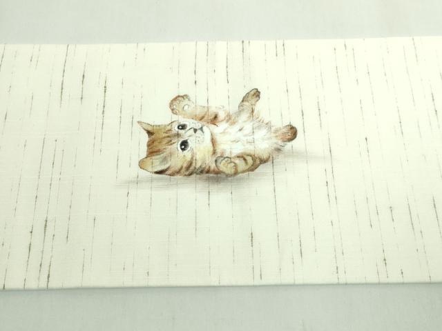 平和屋着物●極上 九寸名古屋帯 紬地 手描き 猫 逸品 DZAB5736kh6