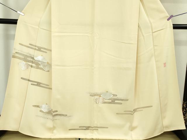平和屋本店●希少 皇室献上作家 野村静枝 佐賀錦 訪問着 エ霞松葉文 鳥の子色地 金銀糸 反端付き 逸品 未使用 DZAB5808kh6