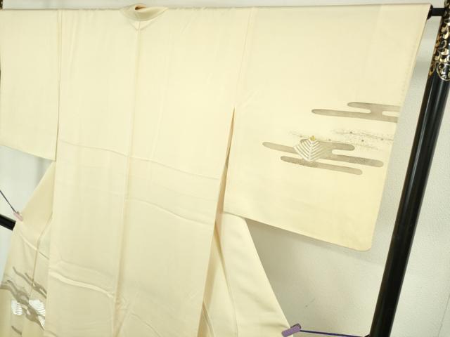 平和屋本店●希少 皇室献上作家 野村静枝 佐賀錦 訪問着 エ霞松葉文 鳥の子色地 金銀糸 反端付き 逸品 未使用 DZAB5808kh6
