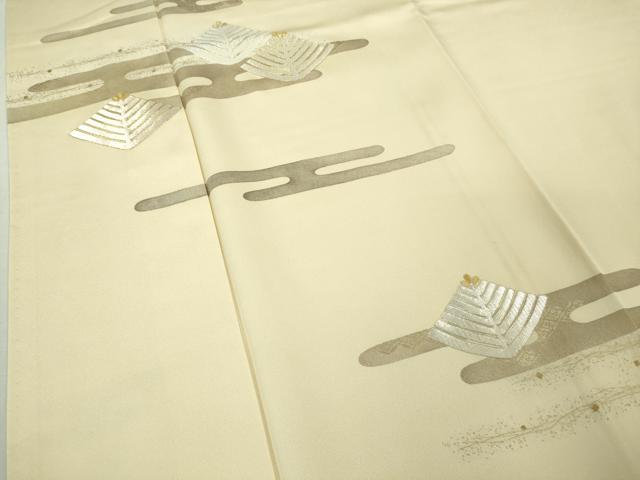 平和屋本店●希少 皇室献上作家 野村静枝 佐賀錦 訪問着 エ霞松葉文 鳥の子色地 金銀糸 反端付き 逸品 未使用 DZAB5808kh6