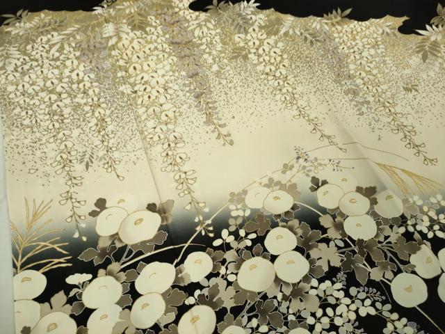 平和屋本店●極上 訪問着 駒刺繍 藤花房 秋草文 黒地 暈し染め 金彩 逸品 DZAB5810kh6