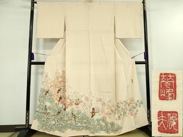 平和屋本店●極上 本加賀友禅作家 百貫華峰 色留袖 群鳥花松文 肌色地 逸品 DZAB5821kh6