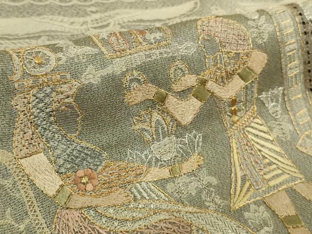 平和屋本店●極上 中国三大刺繍 スワトウ刺繍 汕頭刺繍 訪問着 天目織 お召地 エジプト壁画文様 茶鼠色地 金糸 逸品 未使用 DZAB5825kh6
