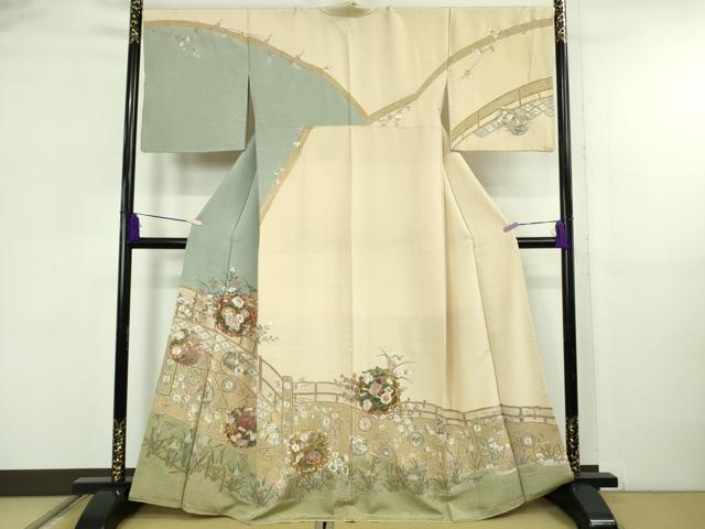 平和屋本店●極上 中国三大刺繍 スワトウ刺繍 汕頭刺繍 訪問着 四季花文 肌色地 金糸 やまと誂製 逸品 DZAB5826kh6