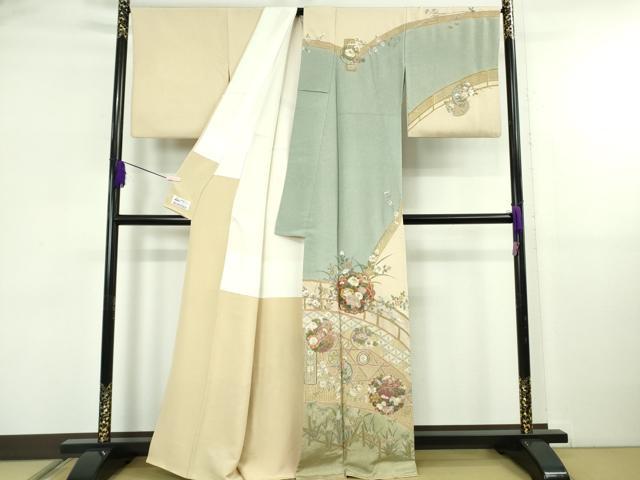 平和屋本店●極上 中国三大刺繍 スワトウ刺繍 汕頭刺繍 訪問着 四季花文 肌色地 金糸 やまと誂製 逸品 DZAB5826kh6