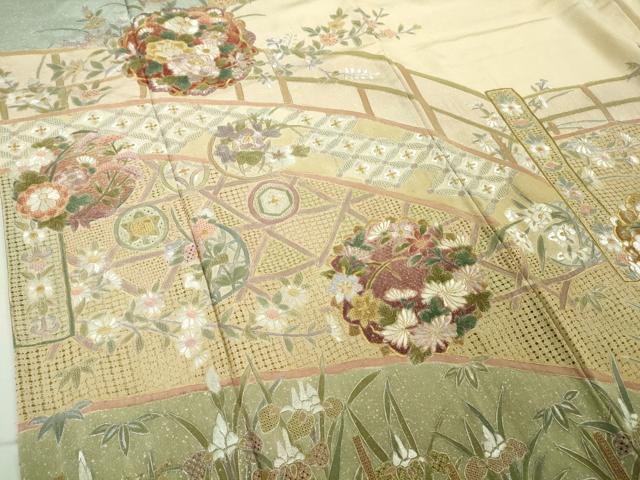 平和屋本店●極上 中国三大刺繍 スワトウ刺繍 汕頭刺繍 訪問着 四季花文 肌色地 金糸 やまと誂製 逸品 DZAB5826kh6