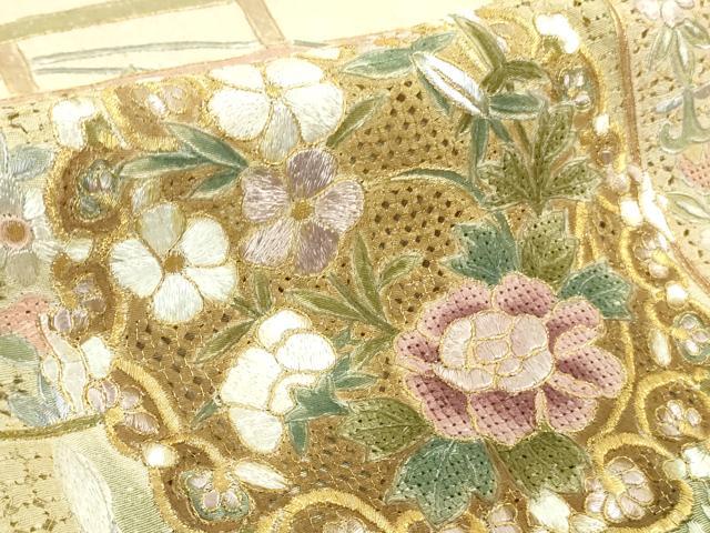 平和屋本店●極上 中国三大刺繍 スワトウ刺繍 汕頭刺繍 訪問着 四季花文 肌色地 金糸 やまと誂製 逸品 DZAB5826kh6
