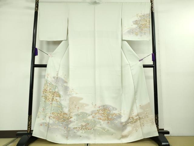 平和屋着物●極上 訪問着 駒刺繍 宝尽くし飛鶴霞文 白緑色地 暈し染め 金彩 反端付き 逸品 DZAB5827kh6