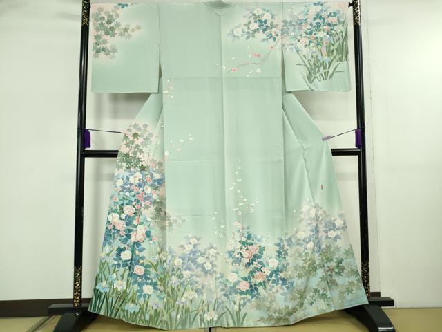平和屋本店●極上 訪問着 友禅 作家物 春水 四季花文 青磁鼠色地 暈し染め 逸品 DZAB5828kh6