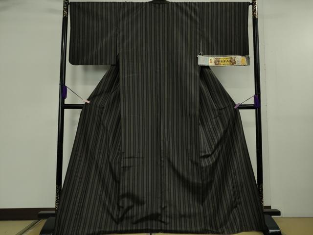 平和屋本店●極上 本場黄八丈 黒八丈 紬 平織 手織 伝統工芸士 西條吉広 伊勢崎芳江 縞 証紙付き ロング丈 逸品 DZAB5849kh6