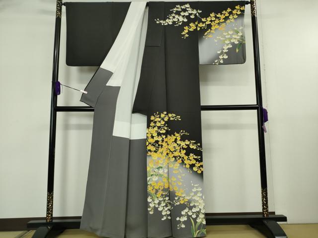 平和屋本店●極上 名門染元 秀美 十日町友禅 訪問着 鈴蘭 すずらん 黒地 暈し染め 逸品 DZAB5855kh6