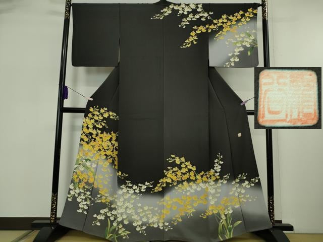 平和屋本店●極上 名門染元 秀美 十日町友禅 訪問着 鈴蘭 すずらん 黒地 暈し染め 逸品 DZAB5855kh6