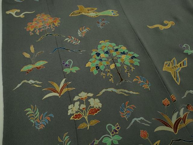 平和屋本店●希少 友禅染色家 品川恭子 色留袖 舞鳥草花文 藍墨茶色地 金彩 鬼しぼ縮緬 逸品 DZAB5856kh6