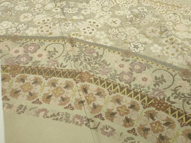 平和屋本店●極上 中国三大刺繍 相良刺繍 総刺繍 訪問着 正倉院花唐草文 白橡色地 金糸 逸品 DZAB5884kh6