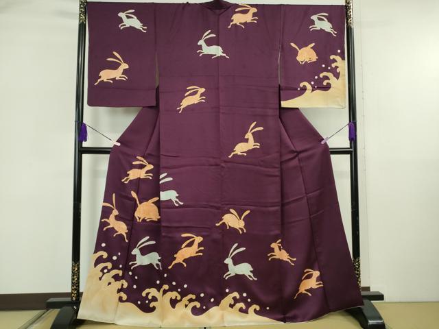 平和屋本店●極上 訪問着 駒刺繍 立波 兎 うさぎ 紫紺色地 金彩 逸品 DZAB5887kh6