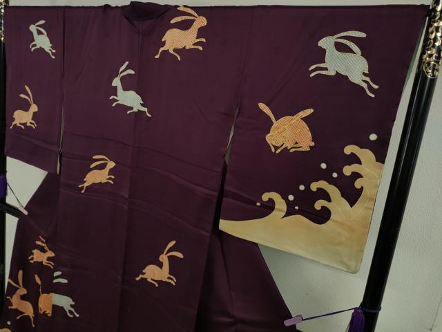 平和屋本店●極上 訪問着 駒刺繍 立波 兎 うさぎ 紫紺色地 金彩 逸品 DZAB5887kh6