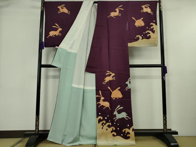 平和屋本店●極上 訪問着 駒刺繍 立波 兎 うさぎ 紫紺色地 金彩 逸品 DZAB5887kh6