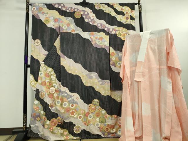平和屋本店●極上 中国三大刺繍 スワトウ刺繍 汕頭刺繍 振袖・長襦袢(無双仕立て)セット 作家物 駒刺繍 道長花文 金糸 逸品 DZAB5899kh6
